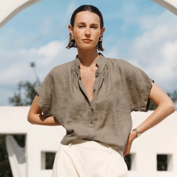 Ayr Irish Linen "The Bloom" Button Down Mandarin Collar Blouse - Size XS - Picture 11 of 12